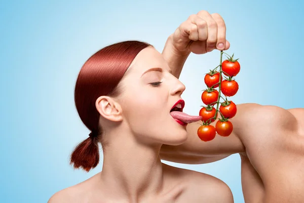 Beautiful Girl Licking Ripe Red Cherry Tomatoes Vine Sexually Her — Stock Photo, Image