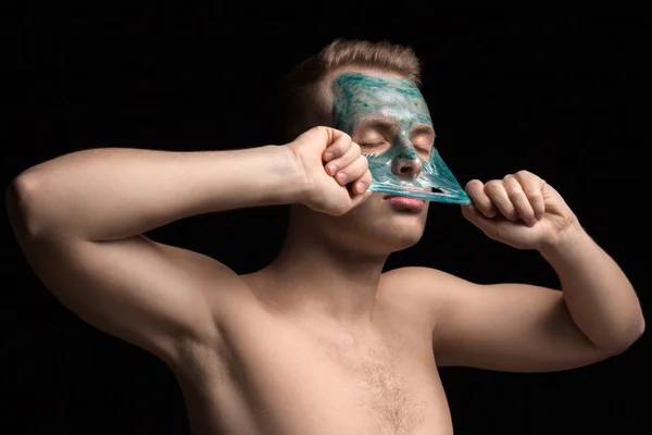 Portrait Beautiful Young Man Peeling Facial Mask Face Body Skin — Stock Photo, Image