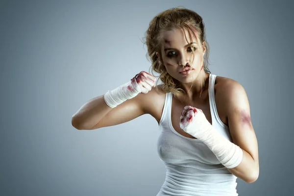 Aggressive Female Fighter Bruises Wearing Bloody Bandage Her Fists Standing — Stock Photo, Image