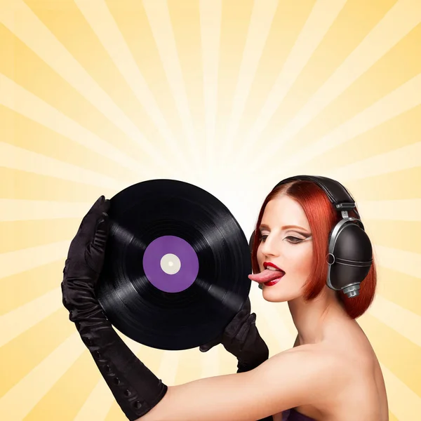 Colorful Photo Sexy Girl Wearing Huge Vintage Music Headphones Licking — Stock Photo, Image