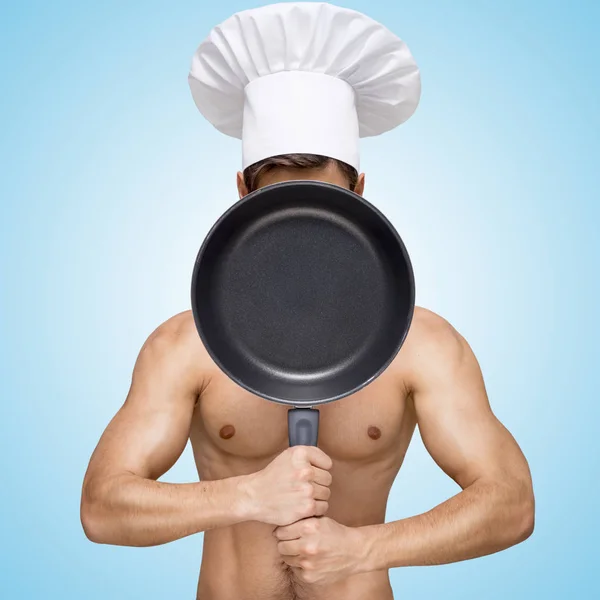 Naked Restaurant Chef Hiding Frying Pan Menu Prices — Stock Photo, Image