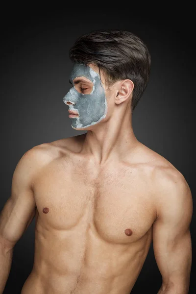 Portrait Beautiful Young Man Facial Mud Clay Mask Face Body — Stock Photo, Image