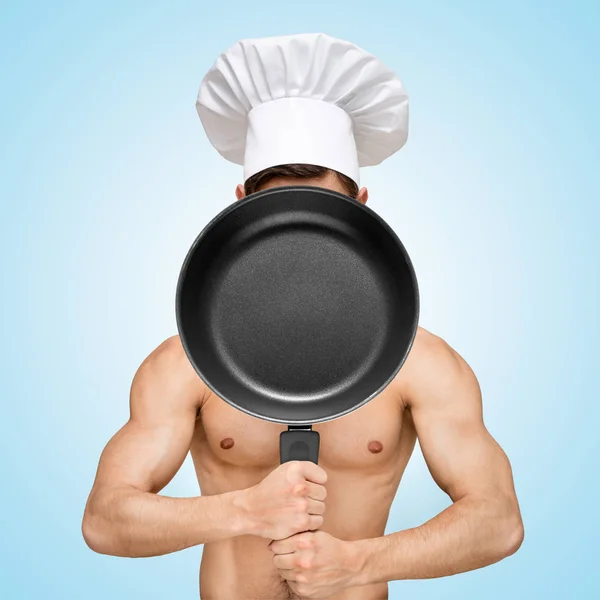 Chef Restaurante Desnudo Escondido Detrás Una Sartén Para Menú Con — Foto de Stock