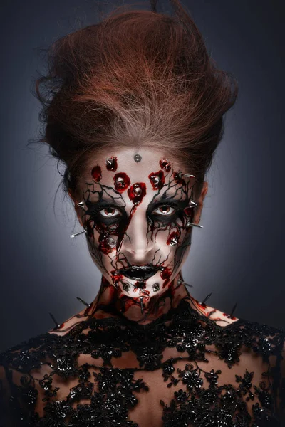 Creepy Female Halloween Makeup Witch Bloody Face Peircing Cracked Paint — Stock Photo, Image