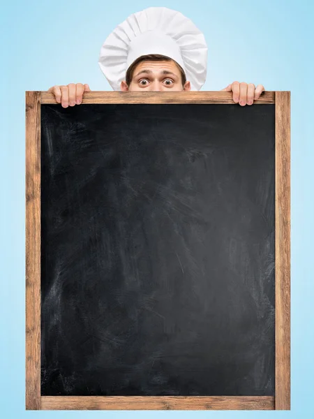 Restaurant Chef Hiding Big Empty Chalkboard Business Lunch Menu Prices — Stock Photo, Image