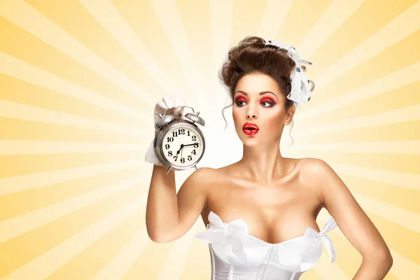Sexy Pinup Bride Vintage Wedding Corset Holding Retro Alarm Clock — Stock Photo, Image