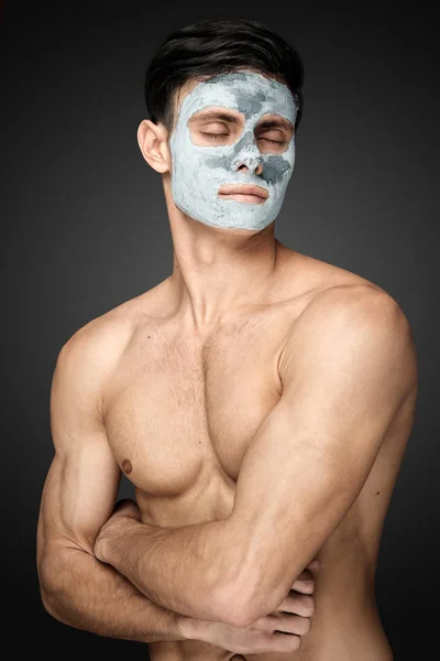 Portrait Beautiful Young Man Facial Mud Clay Mask Face Body — Stock Photo, Image