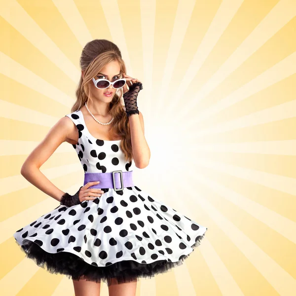 Creative Photo Vogue Pin Girl Dressed Retro Polka Dot Dress — Stock Photo, Image