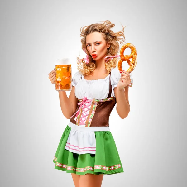 Offended Oktoberfest Woman Wearing Traditional Bavarian Dress Dirndl Posing Pretzel — Stock Photo, Image