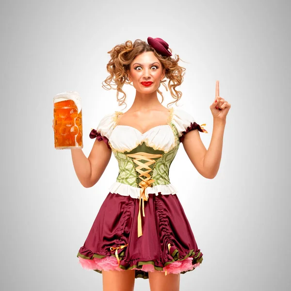 Beautiful Oktoberfest Waitress Wearing Traditional Bavarian Dress Dirndl Holding Beer — Stock Photo, Image