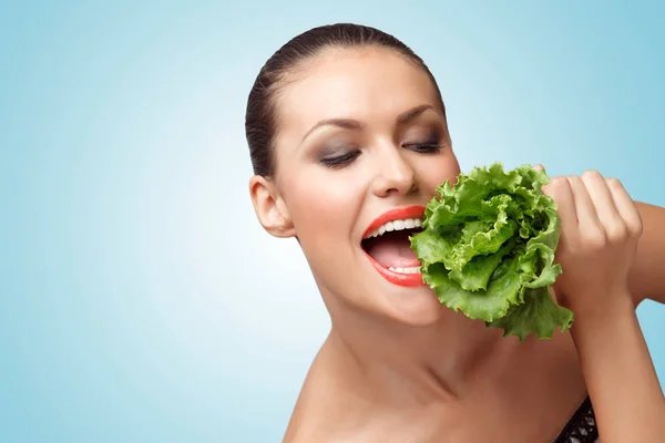 Creative Portrait Beautiful Hungry Girl Diet Eating Green Leaves Lettuce — Stock Photo, Image