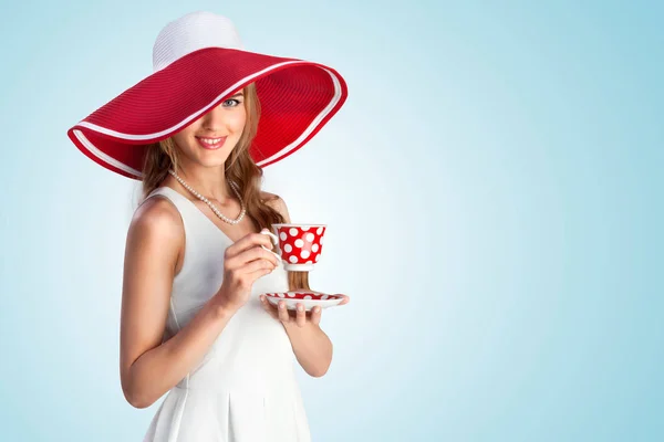 Joyful Photo Girl Vintage Wide Brimmed Hat Holding Cup — Stock Photo, Image