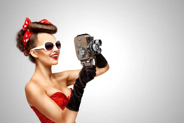 Retro Photo Pin Girl Old Vintage Camera Grey Background — Stock Photo, Image