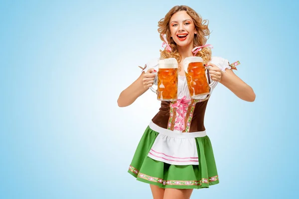 Young Sexy Oktoberfest Woman Wearing Traditional Bavarian Dress Dirndl Serving — Stock Photo, Image