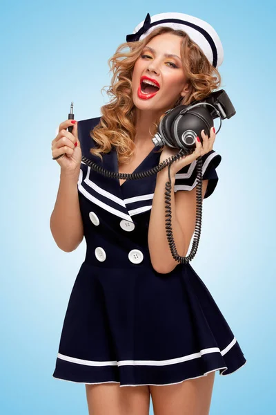 Retro Photo Fashionable Pin Sailor Girl Big Vintage Unplugged Music — Stock Photo, Image