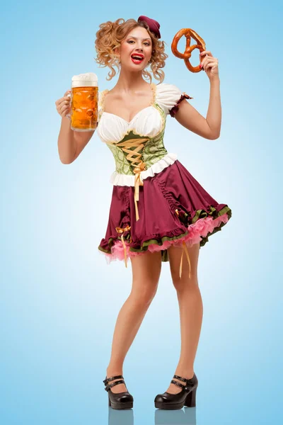 Young Sexy Oktoberfest Waitress Wearing Traditional Bavarian Dress Dirndl Holding — Stock Photo, Image