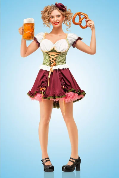 Young Sexy Oktoberfest Waitress Wearing Traditional Bavarian Dress Dirndl Holding — Stock Photo, Image