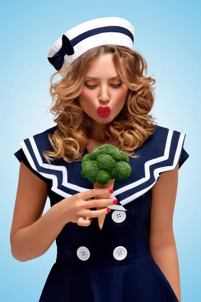 Creative Retro Photo Fashionable Pin Sailor Girl Looking Surprised Broccoli — Stock Photo, Image