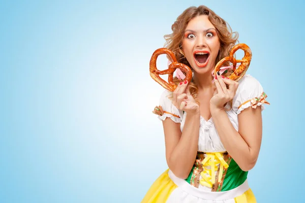 Young Happily Excited Sexy Oktoberfest Woman Wearing Traditional Bavarian Dress — Stock Photo, Image