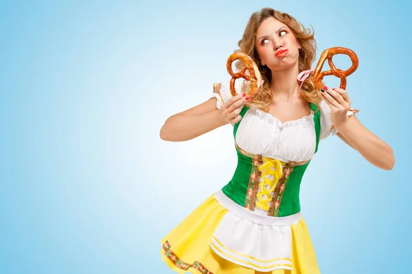 Young Sexy Offended Oktoberfest Woman Wearing Traditional Bavarian Dress Dirndl — Stock Photo, Image