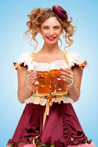 Young Sexy Oktoberfest Woman Wearing Traditional Bavarian Dress Dirndl Serving — Stock Photo, Image