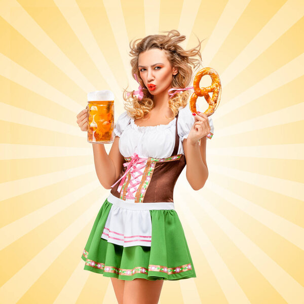 Offended sexy Oktoberfest woman wearing a traditional Bavarian dress dirndl posing with a pretzel and beer mug in hands on colorful abstract cartoon style background.