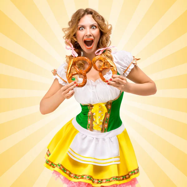 Happy Excited Sexy Oktoberfest Woman Wearing Traditional Bavarian Dress Dirndl — Stock Photo, Image