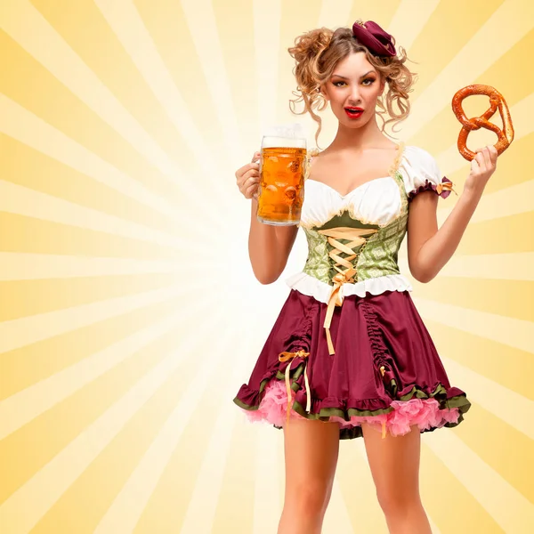 Mooie Sexy Oktoberfest Serveerster Dragen Een Traditionele Beierse Jurk Dirndl — Stockfoto