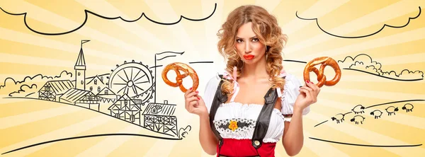 Beautiful Offended Oktoberfest Waitress Wearing Red Jumper Shorts Suspenders Traditional — Stock Photo, Image