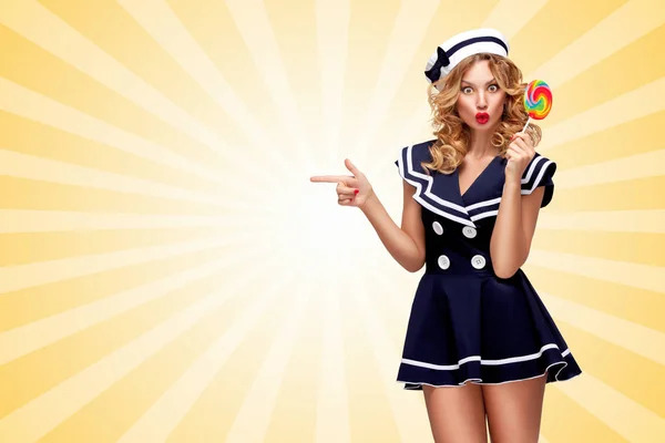 Surprised Pin Sailor Girl Lollipop Pointing Aside Cartoon Style Background — Stock Photo, Image