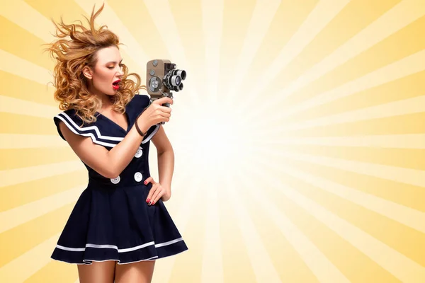 Pin Sailor Girl Shooting Movie Old Cinema Camera Cartoon Style — Stock Photo, Image