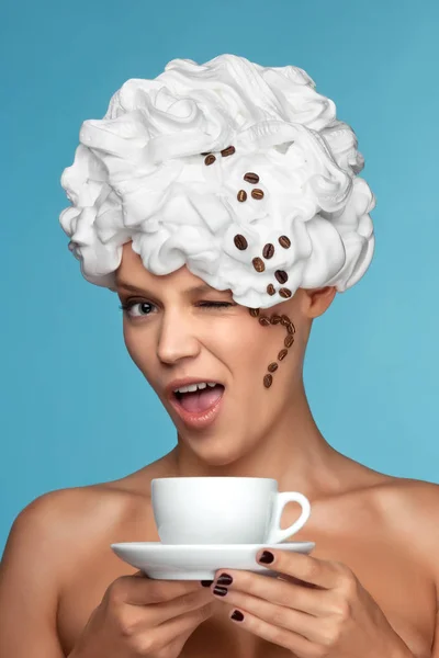 Young Lady Whipped Cream Her Head Coffee Cup — Stock Photo, Image