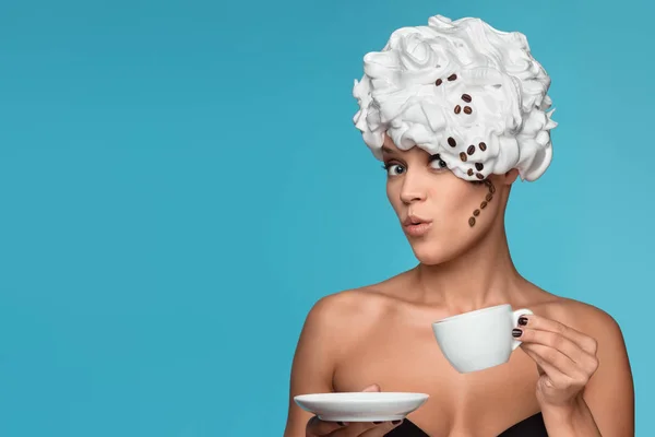 Young Lady Whipped Cream Her Head Coffee Cup — Stock Photo, Image