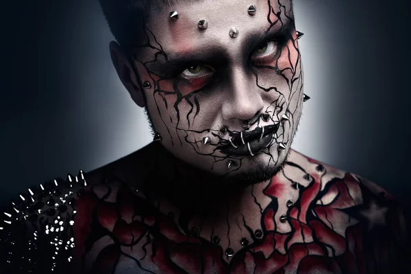 Creepy Portrait Pierced Halloween Moor Bloody Body Art — Stock Photo, Image