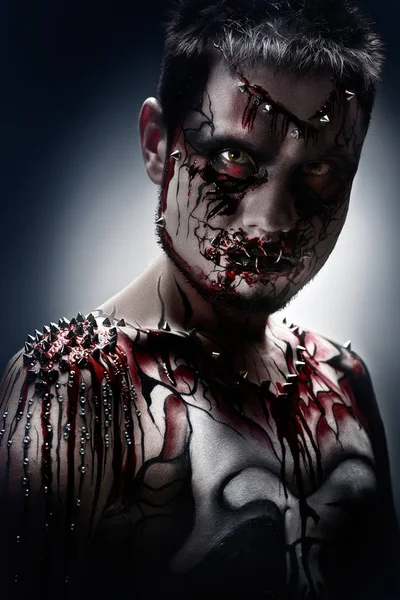 Creepy Portrait Pierced Halloween Moor Bloody Body Art — Stock Photo, Image