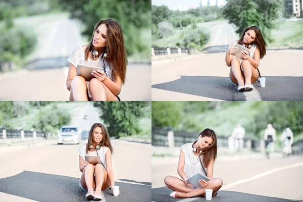 Collage Una Giovane Donna Seduta Una Striscia Separata Che Beve — Foto Stock