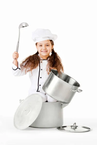 Little Pretty Girl Dressed Kitchen Hand Cooking Pot Holding Top — Stock Photo, Image