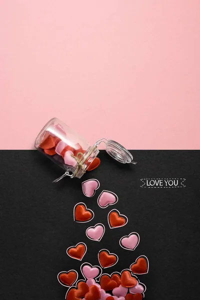 Creative Valentines Concept Photo Bottle Hearts Pink Black Background — Stock Photo, Image