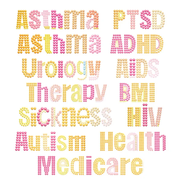 Creative Medicine Healthcare Concept Set Made Pills Shape Diseases Titles — Stock Photo, Image