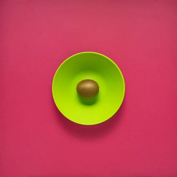 Creative Concept Photo Kitchenware Painted Plate Food Pink Background — Stock Photo, Image