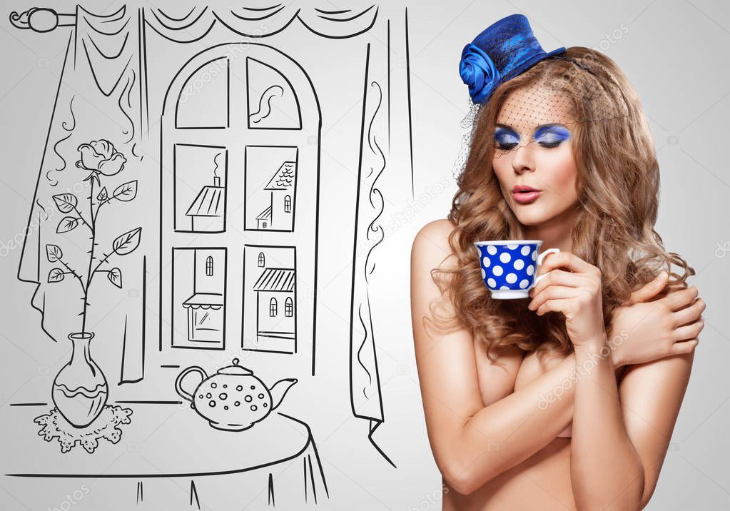 Vintage photo of a beautiful nude girl in a retro hat drinking tea at a mad tea party on sketchy background.