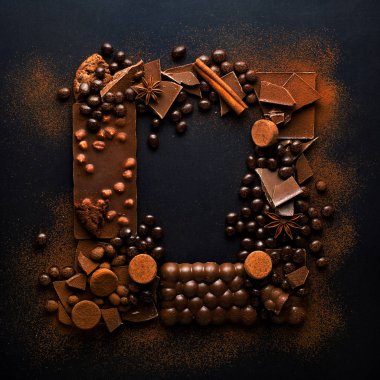 Yaratıcı konsept fotoğraf çerçevesinin çikolata siyah arka plan üzerine yapılmış.