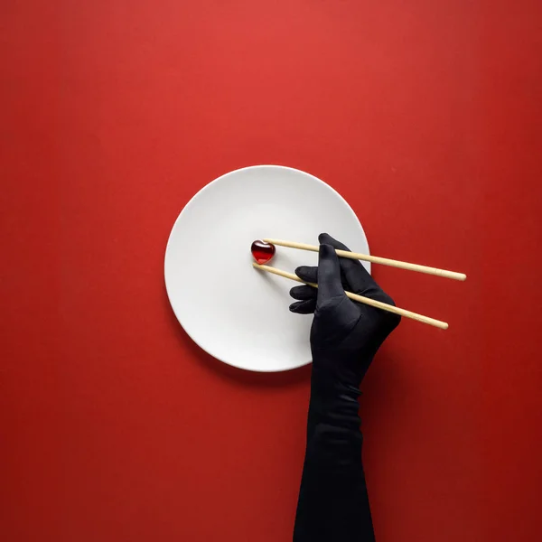 Creative Concept Photo Kitchenware Hand Painted Plate Food Red Background — Stock Photo, Image