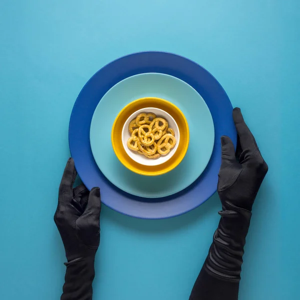 Creative Concept Photo Kitchenware Hand Painted Plate Food Blue Background — Stock Photo, Image