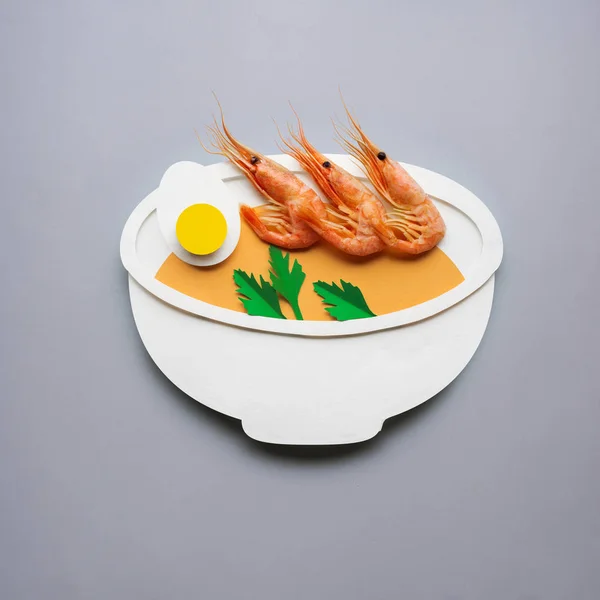 Creative Concept Photo Soup Shrimps Made Paper Grey Background — Stock Photo, Image