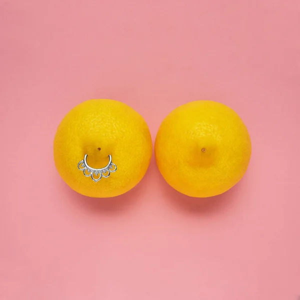 Creative Food Health Fashion Concept Photo Lemons Shape Woman Breast — Stock Photo, Image