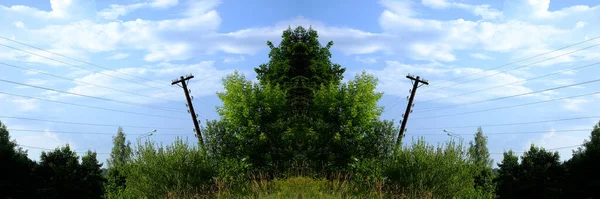 Abstraktes Naturpanorama. Bäume, Strommast vor blauem bewölkten Himmel. Wallpaper-Konzept. Wandgrafik. — Stockfoto
