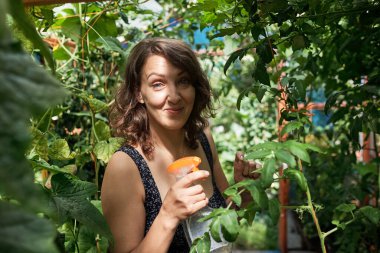 Güzel kadın çiftçinin refahından sorumlu. Muhteşem serada sebzeleri besleyen ve destekleyen.. 