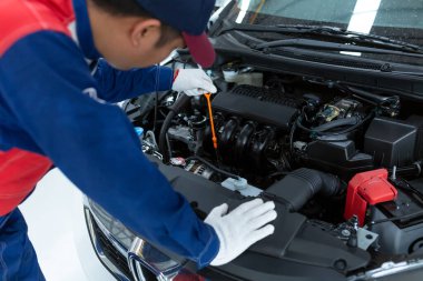 Asyalı Araba Tamircisi Detaylı Araç Kontrolü. Otomobil Servisi Teması, Araba Servis Merkezi.