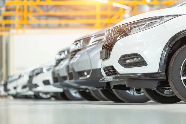 Satılık arabalar, otomotiv endüstrisi, araba galerisi otoparkı. Gıcır gıcır yeni araçlar yeni araba servisinin epoksi katında yeni sahiplerini bekliyor.